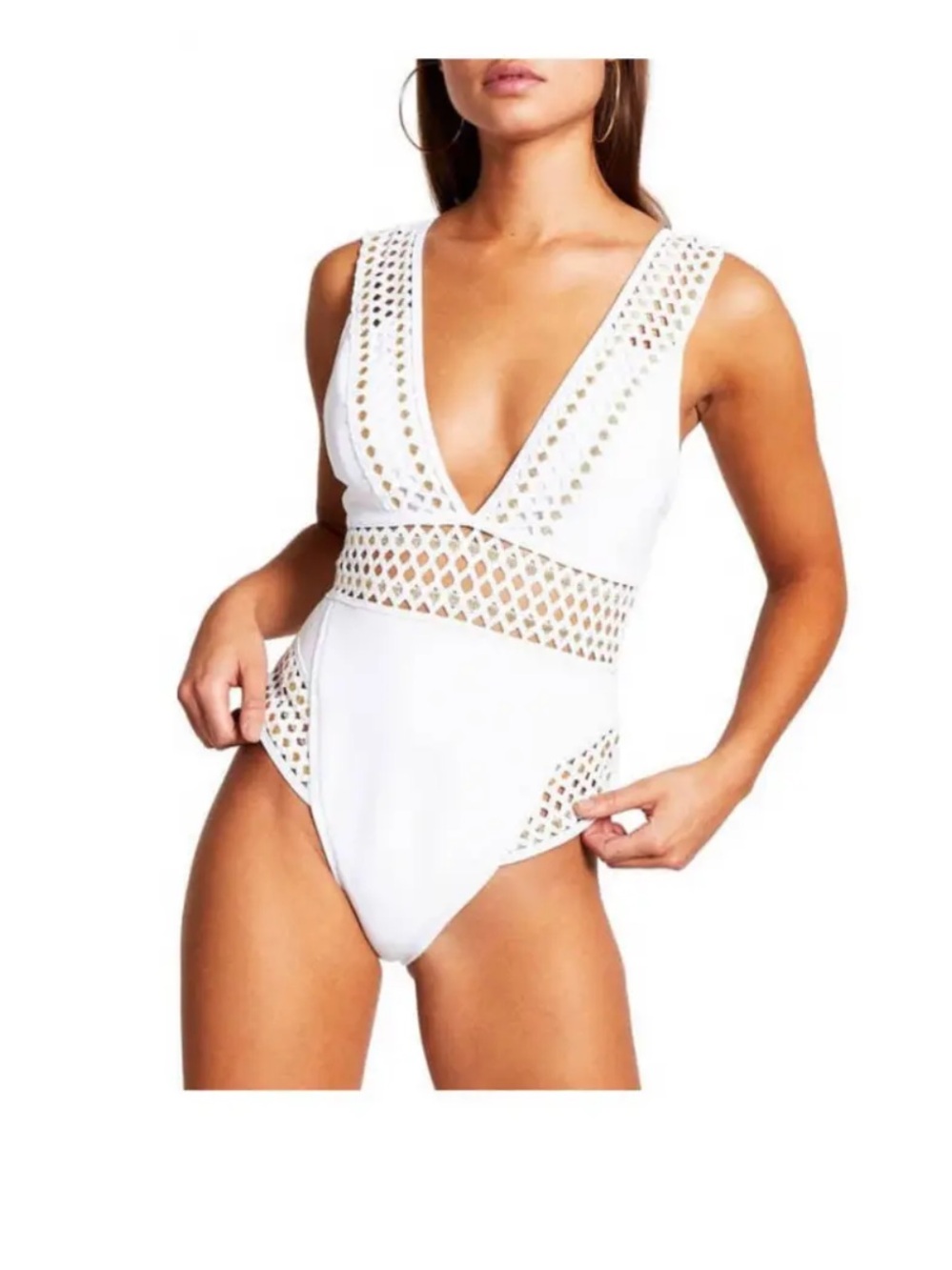 River Island Plunge Neck Swimsuit White Crochet Trim Gold Detail One Piece